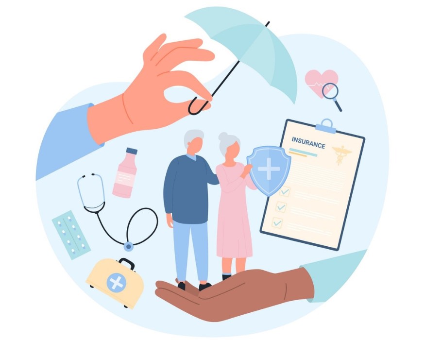 vector image of a senior couple being protected under an umbrella and with healthcare icons