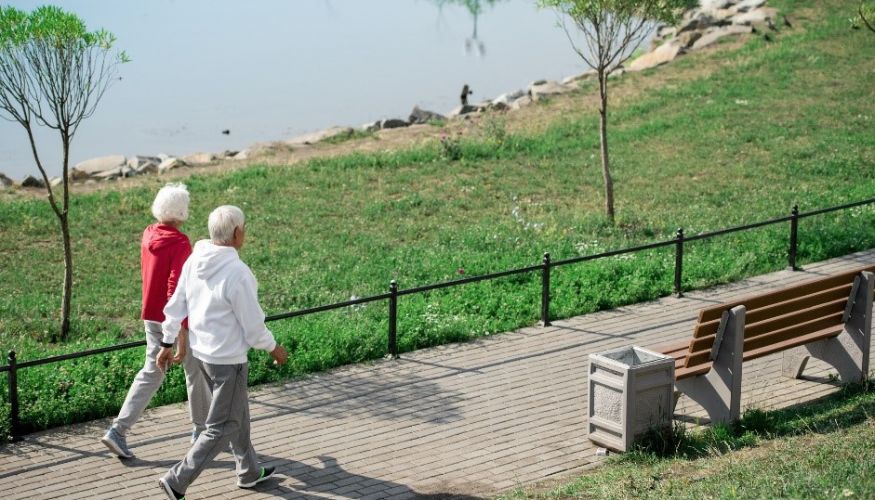seniors couple walking side by side in a park on a cement path next to a pond